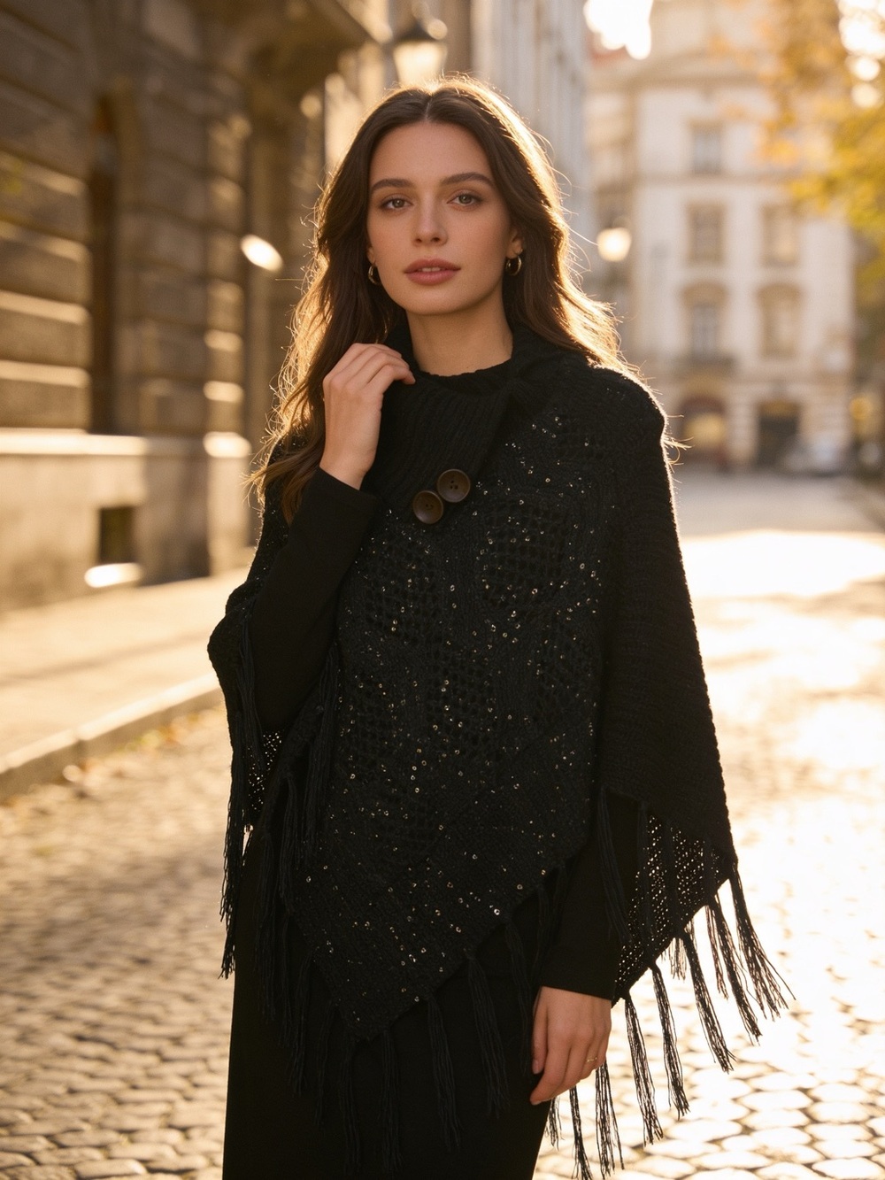Black Fringed Knit Poncho Sweater
